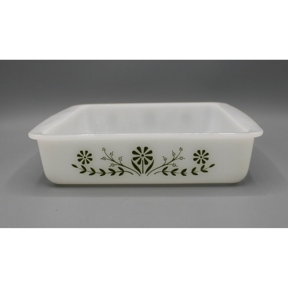 Vintage Glasbake J2428 8 Inch Square Casserole Dish Green Daisy Jeanette